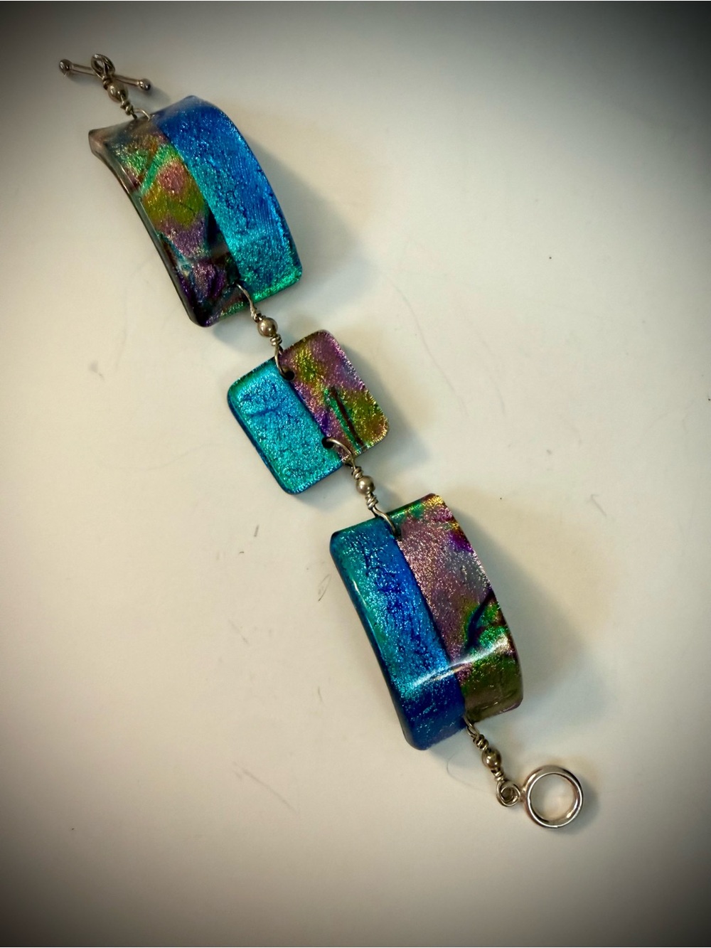 Artisan Dichroic Iridescent Blue-Green Glass Bracelet